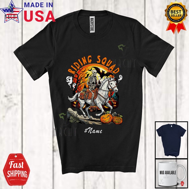 Custom Name Riding Squad; Halloween Skeleton Outdoor Activities Pumpkins T-Shirt