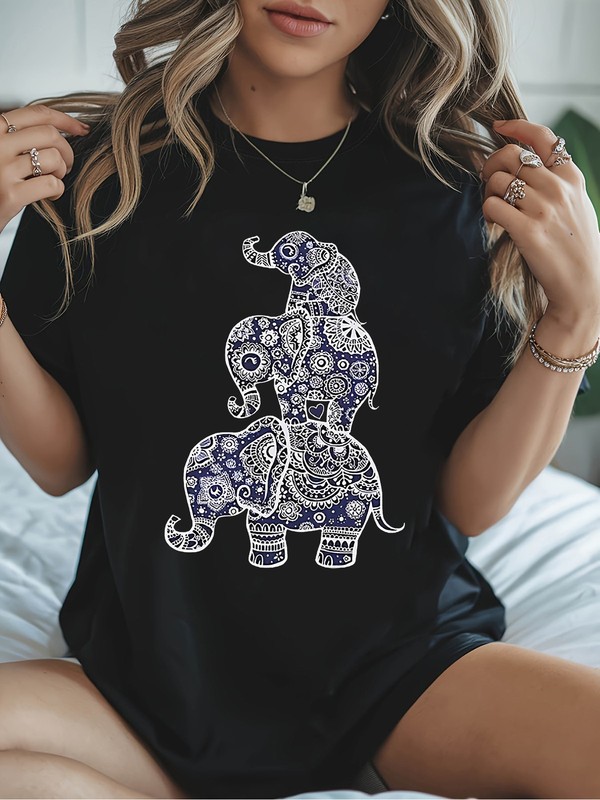 Wo Bohemian Elephant Mandala Print T-Shirt – Blue and White Ethnic Short Sleev