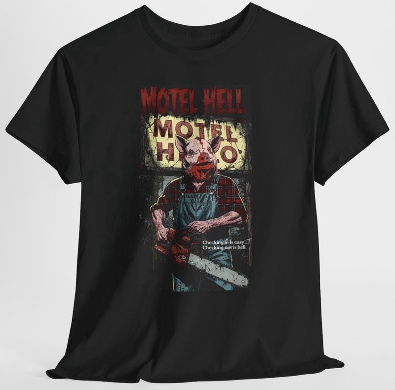 Motel Hell T Shirt – Farmer Vincent 80’s Horror Comedy Comics Art Chainsaw Tee