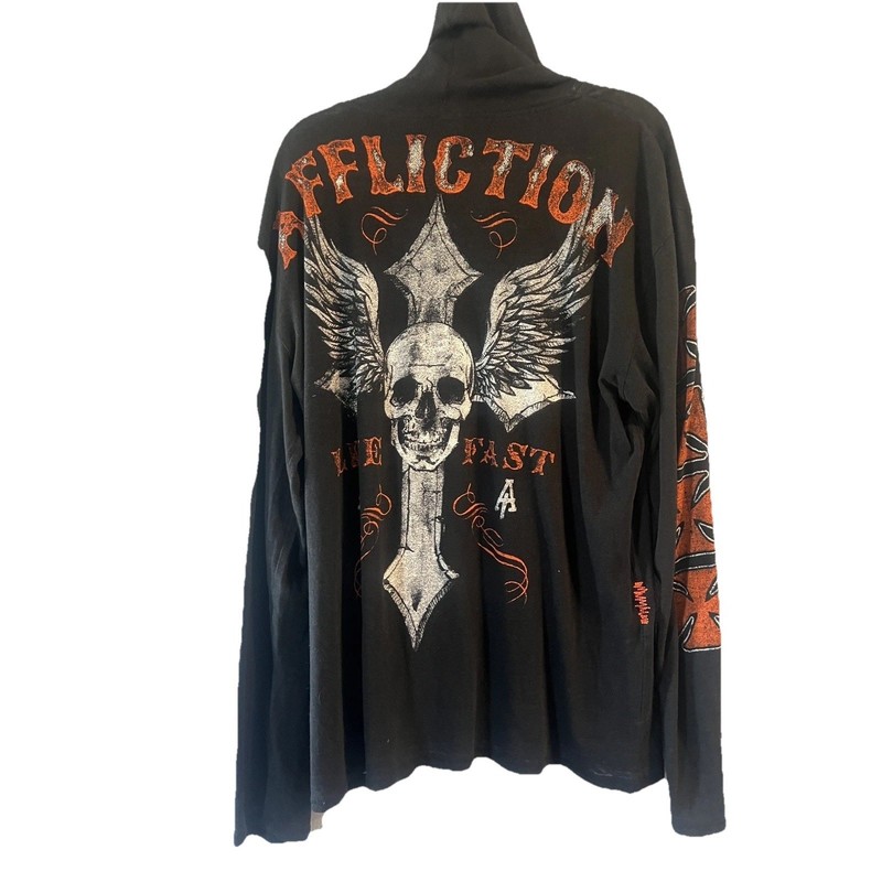 Affliction Live Fast Hooded Henley Shirt XL Skull Cross Wings Biker Goth Y2K gallery