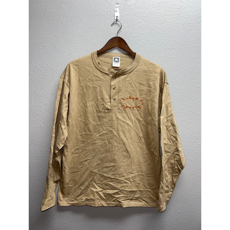Vintage Long Sleeve Brown Shirt 1/4 Button Up Anvil Cotton Deluxe Tee Large 90s