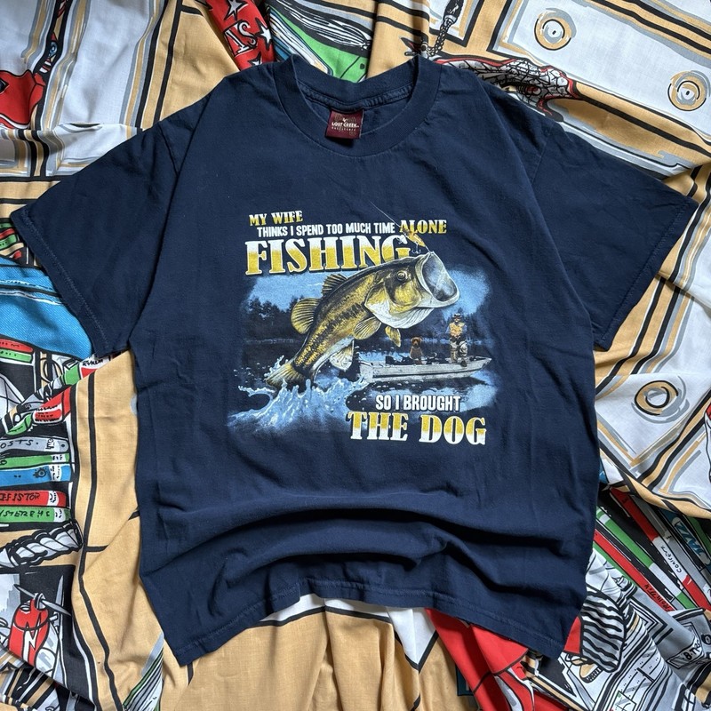 Vintage bass fishing dog dad joke t-shirt Large Lost Creek funny outdoor nature