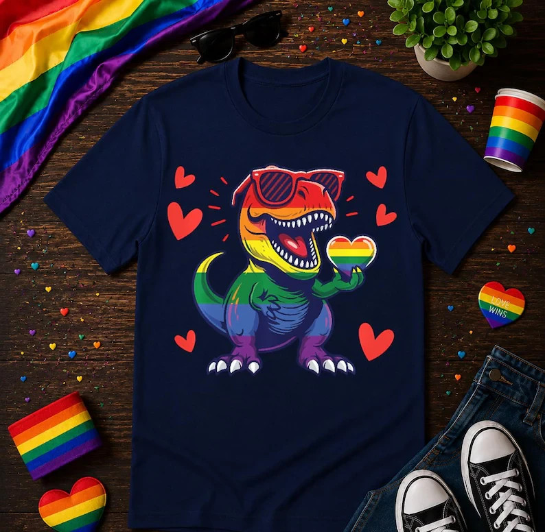 Cute Rainbow Dinosaur Pride Shirt, LGBTQ T Rex Rainbow Heart Tee gallery