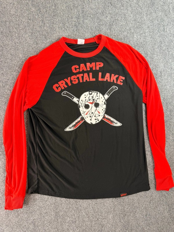 Friday The 13th Raglan Tee Camp Crystal Lake Jason Mask Mens L Black Red