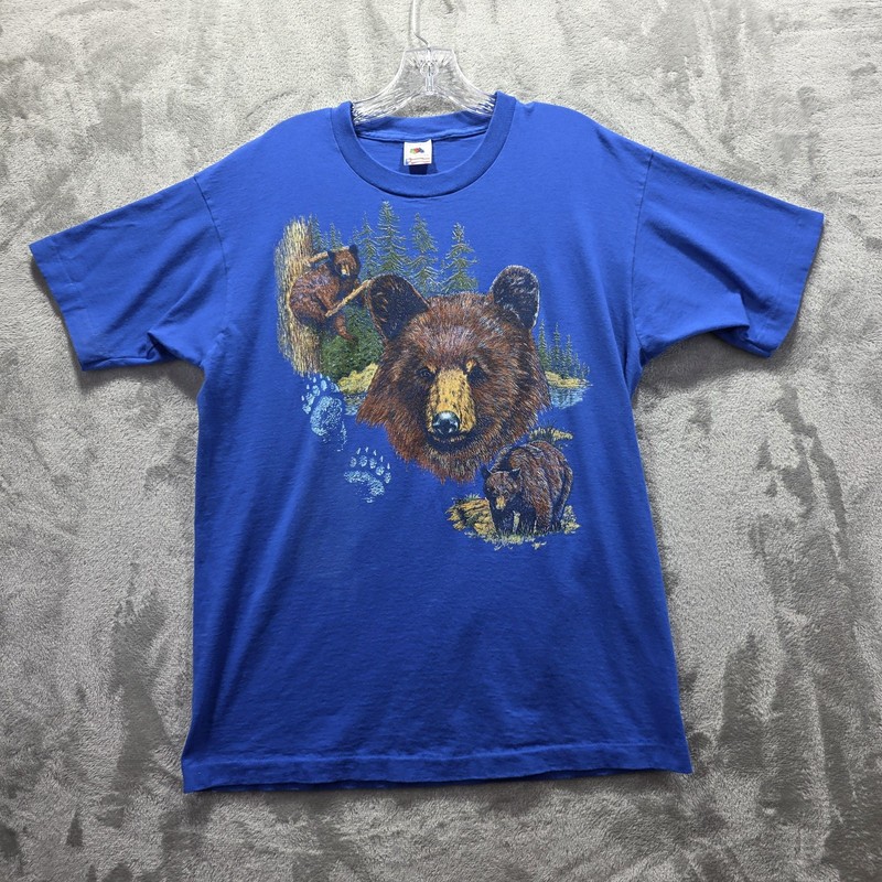 Vintage Bear Wildlife Shirt Mens Large Blue Made in USA Graphic Nature Scene 90s