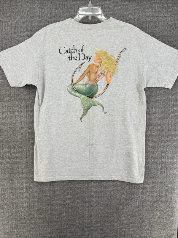 Vintage Mermaid Fishing Pin Up Shirt Sz Unknown, Stains