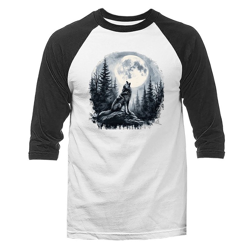 Howling Wolf Moonlight Wilderness Outdoor Wildlife Nature 3/4 Sleeve Raglan