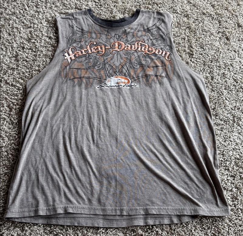 Harley-Davidson Vintage Screamin Eagle Men’s Cuff Off Grey Shirt Size XL