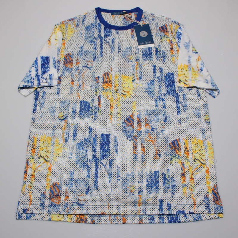 Italo Ferretti NWT Short Sleeve Crew T-Shirt Size XL in White/Blue/Yellow Cotton gallery