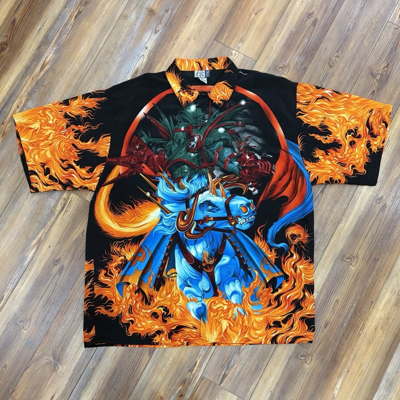 Vintage 90s/Y2K Japanese Anime Cyber Goth Flames Button Front Shirt (2XL)