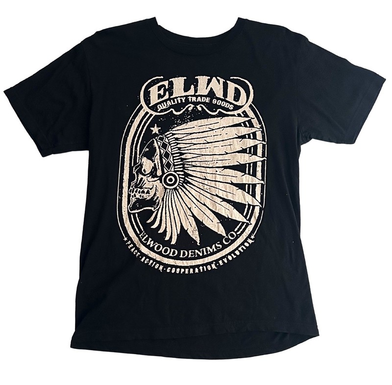 Elwood Denim Skull Headdress Graphic Tee Black Streetwear Skate Shirt Mens M