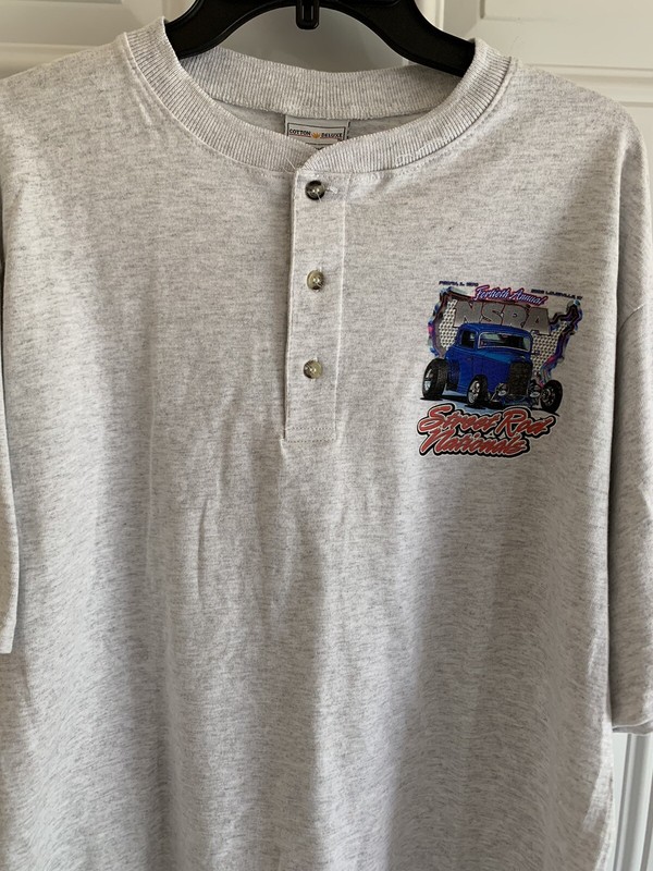 Anvil Henley TShirt Men’s L 40th Street Rod Nationals Car Show Gray Short Sleeve