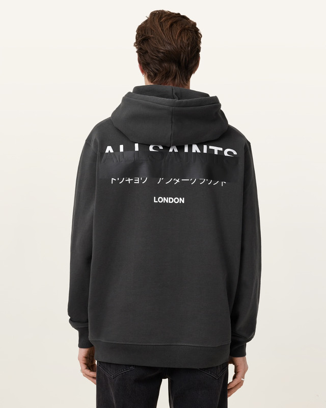 All Saints Mens Redact Washed Black Hoodie Relaxed Fit Embroidered Sweatshirt