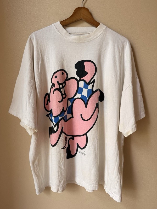 Vintage 90s Calhoun Cotton Prints Pig Graphic T Shirt Double Sided Pink White XL