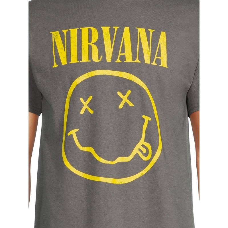Nirvana Men's Smiley Logo Graphic Print Tee- Charcoal Grey with Yellow Graphic gallery
