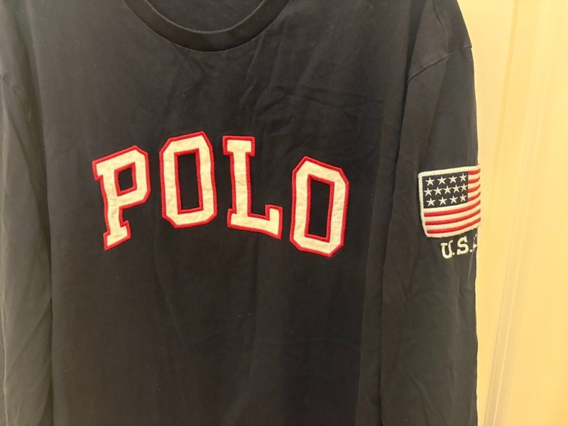 Polo Ralph Lauren Blue Long Sleeve Shirt Men’s Medium American Flag Patch gallery