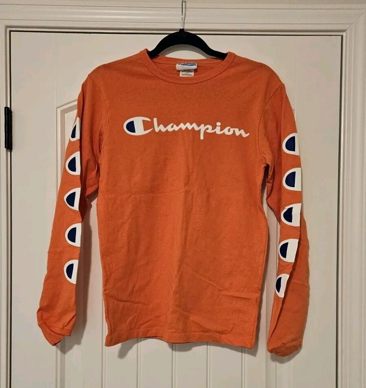 champion long sleeve t shirt Blood Orange Unisex Small RN #15763