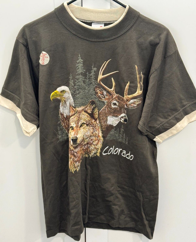 Vintage Colorado Wildlife Nature T-Shirt Medium Deer Wolf Elk USA Brown Alore