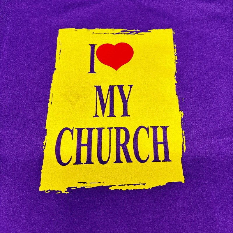 VTG YALEX GOLD I LOVE MY CHURCH Religious Jesus Size Large Tshirt gallery