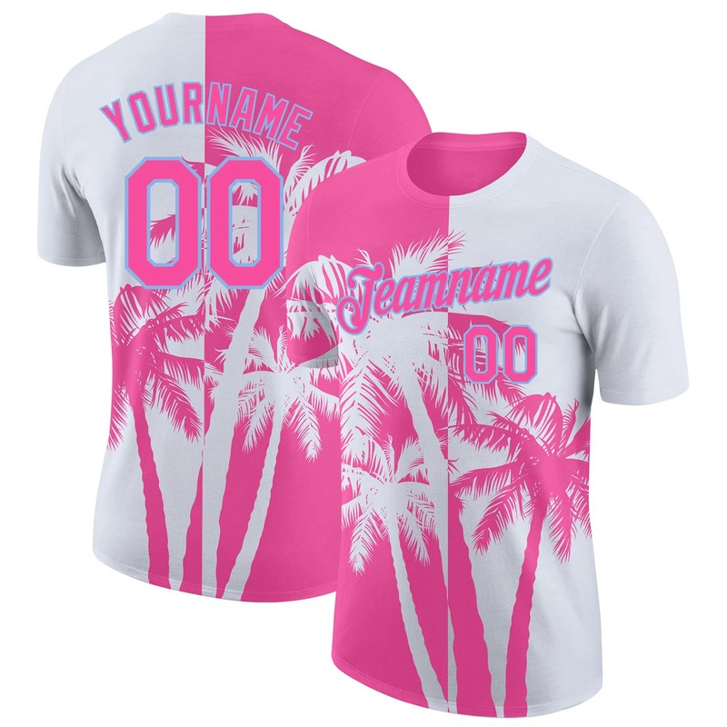 Custom White Pink Light Blue Hawaii Palm Tree T-Shirt Tropical Summer Mens