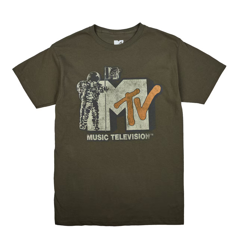 MTV Mens Music Television Spaceman Graphic Military Green Shirt New XL