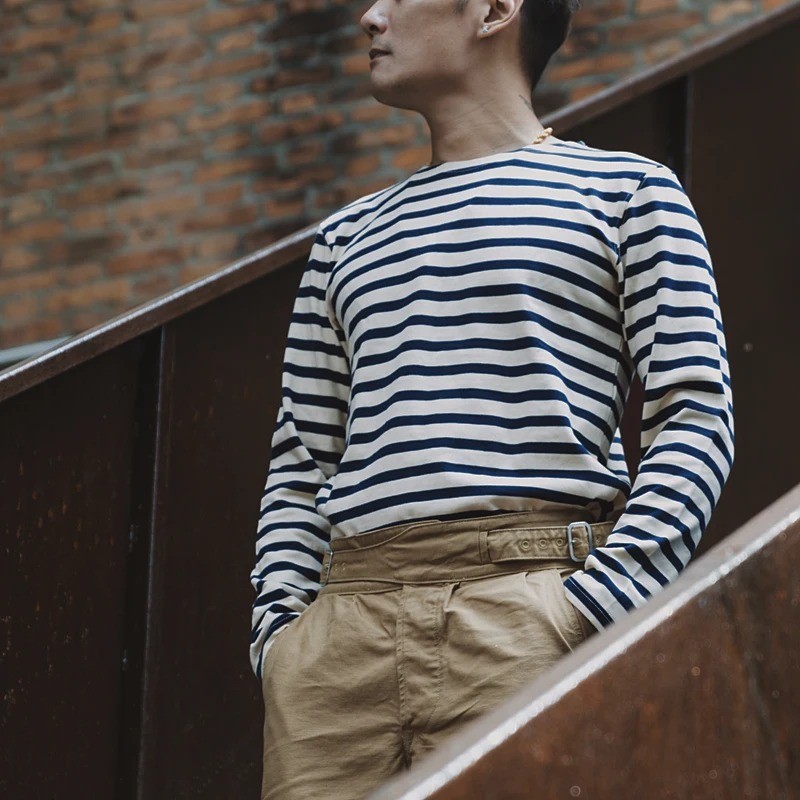 Bronson Mens Striped Sailors Shirt Vintage Breton Boat Neck Long Sleeve Top