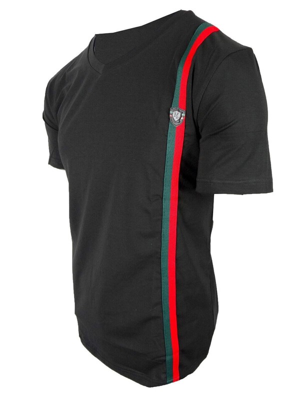 Mens T- Shirt Italian Side Sport Stripe Badge V-Neck Slim Fit Stretch Casual gallery