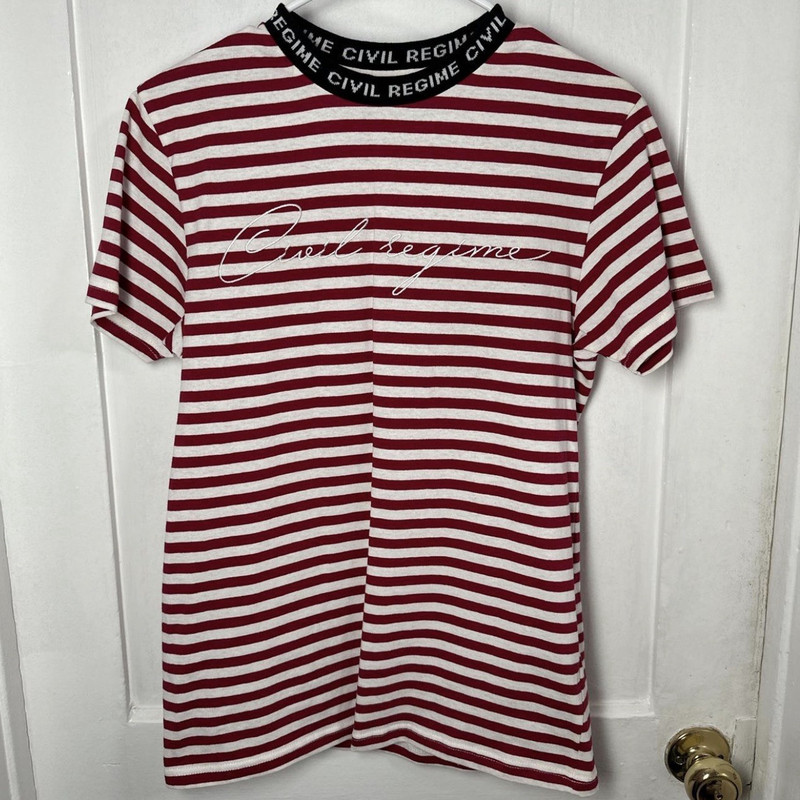 Civil Regime Men’s S Red/White Striped Logo Crew Neck Short Sleeve T-Shirt