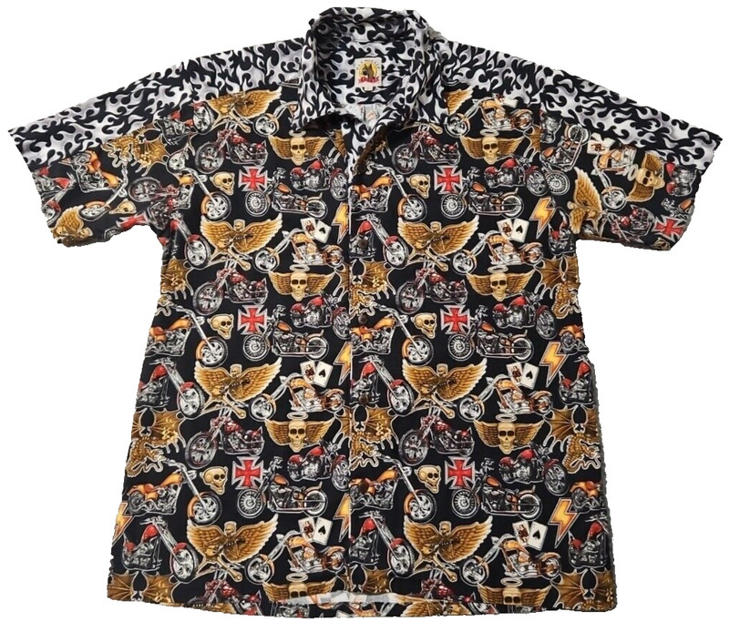 Max Boxxer Skulls Motorcycle Flames Cards Print Shirt Men’s Size Large Shirt