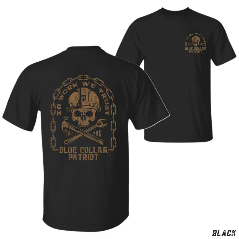 Blue Collar Patriot Skull T-Shirt, Rugged Workwear Graphic Tee,