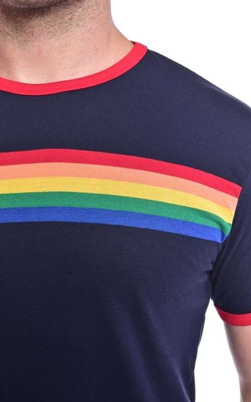 Run and Fly Navy Rainbow Stripe Ringer T Shirt Top Colourful Retro 70s Gay Pride gallery