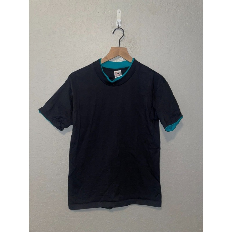 Vintage Black Blank Shirt Teal Double Sleeved Signal Mega-Tee Tee VTG 90s Medium