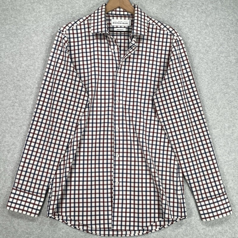 Mizzen Main Shirt M Trim Fit White Check Stretch Performance Long Sleeve Button