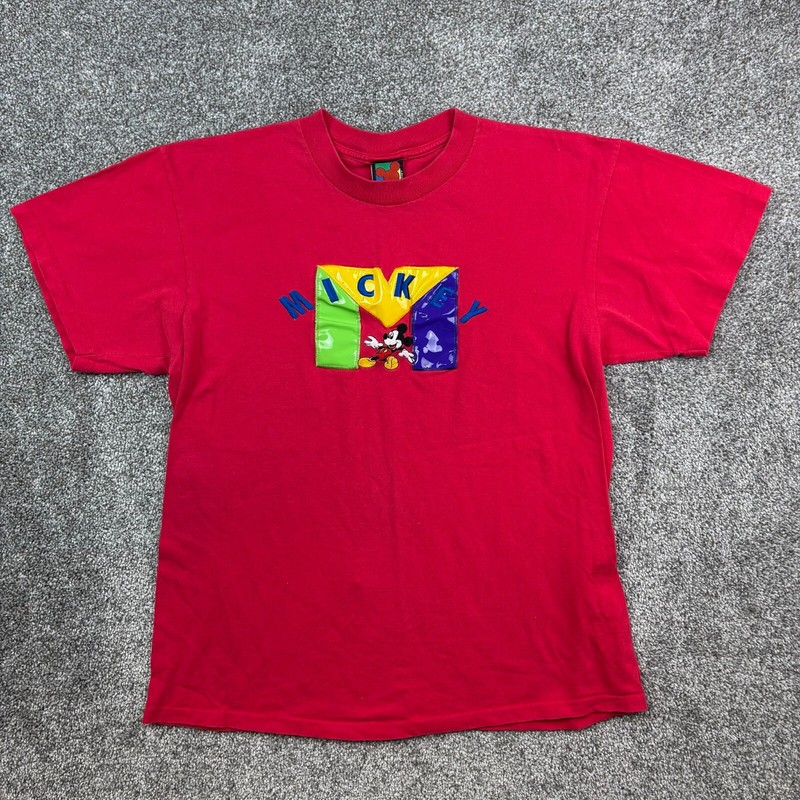 Vintage Mickey Unlimited Shirt Mens Large Red Patch Logo Puff Print Embroidered