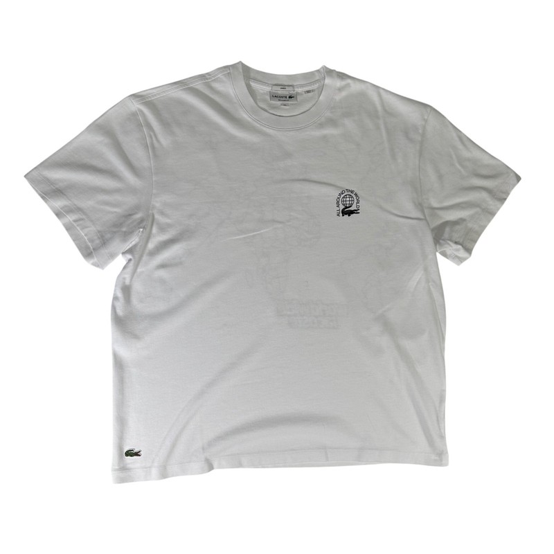 LACOSTE Unisex Relaxed Fit T Shirt Worldwide Map Graphic Print XXL White
