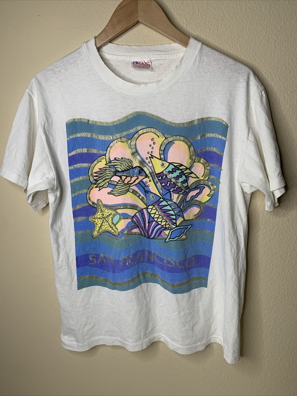 Vintage San Francisco Shirt Mens Sz M Colorful Fish Travel Beach Art 90s