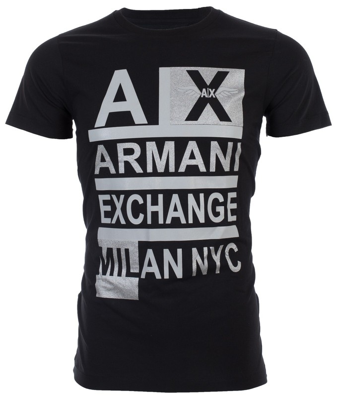 $50 ARMANI EXCHANGE Black STACKED Short Sleeve Slim Fit Designer T-shirt NWT gallery