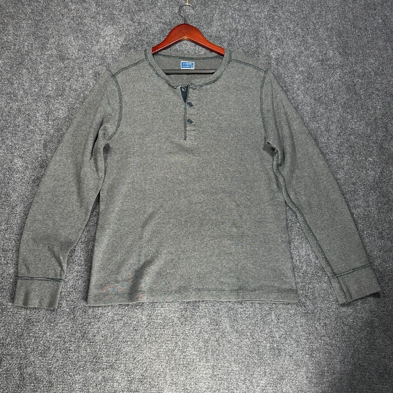 J Crew Shirt Mens Large Henley Gray Cotton Long Sleeve Pullover Buttons Rib Cuff