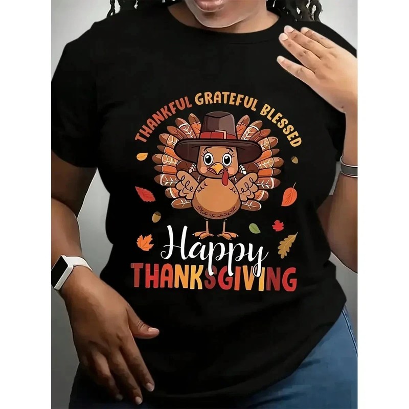 [100% Cotton] Women’S Plus Size Thanksgiving Graphic T-Shirt – Happy Thanksgivin