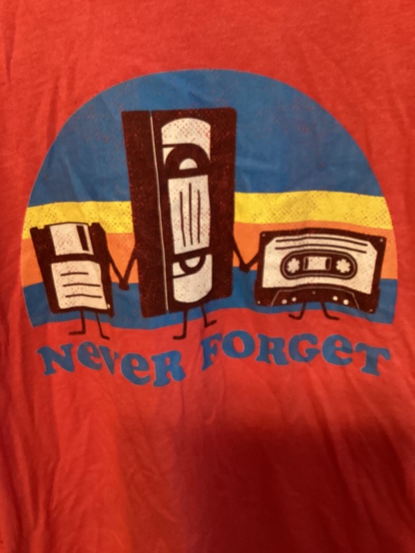 XL Mens soft retro Never Forget 80’s Floppy Disk VHS cassette tape t-shirt gallery