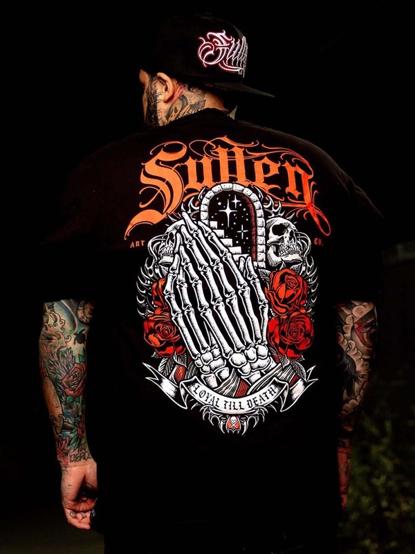 Sullen Men's Loyal Till Death Standard T-shirt Praying Skeleton Hands Tattoo Tee gallery