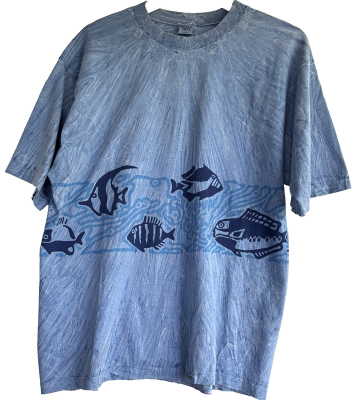 Crazy Shirts T Shirt Mens L Blue Tie Dye Fish Aloha Hawaii