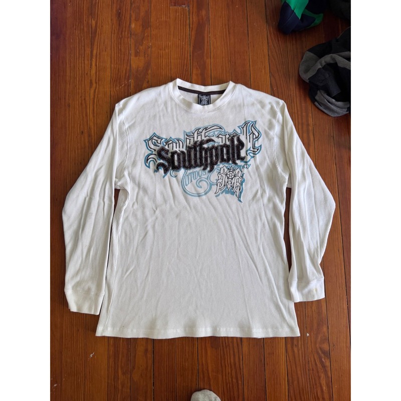 Southpole Mens XL White Long Sleeve Waffle Knit Thermal Graphic Shirt Y2K