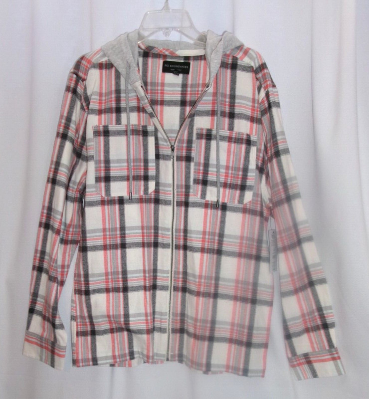 NWT No Boundaries Men’s S 34-36 Zip Hooded Gray Plaid Lightweight Flannel Shirt gallery
