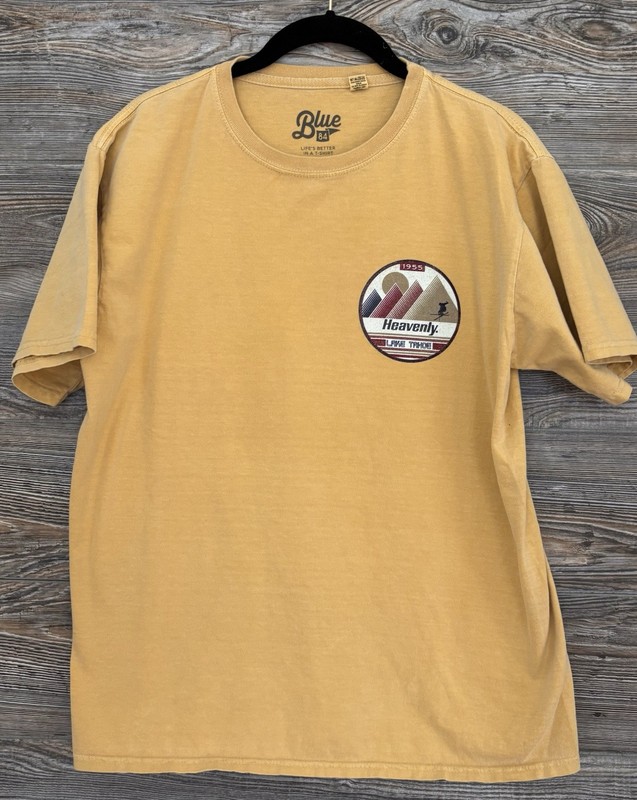 Blue 84 Heavenly Lake Tahoe CA Men’s M Yellow Double-Sided Graphic Tee Crew Neck