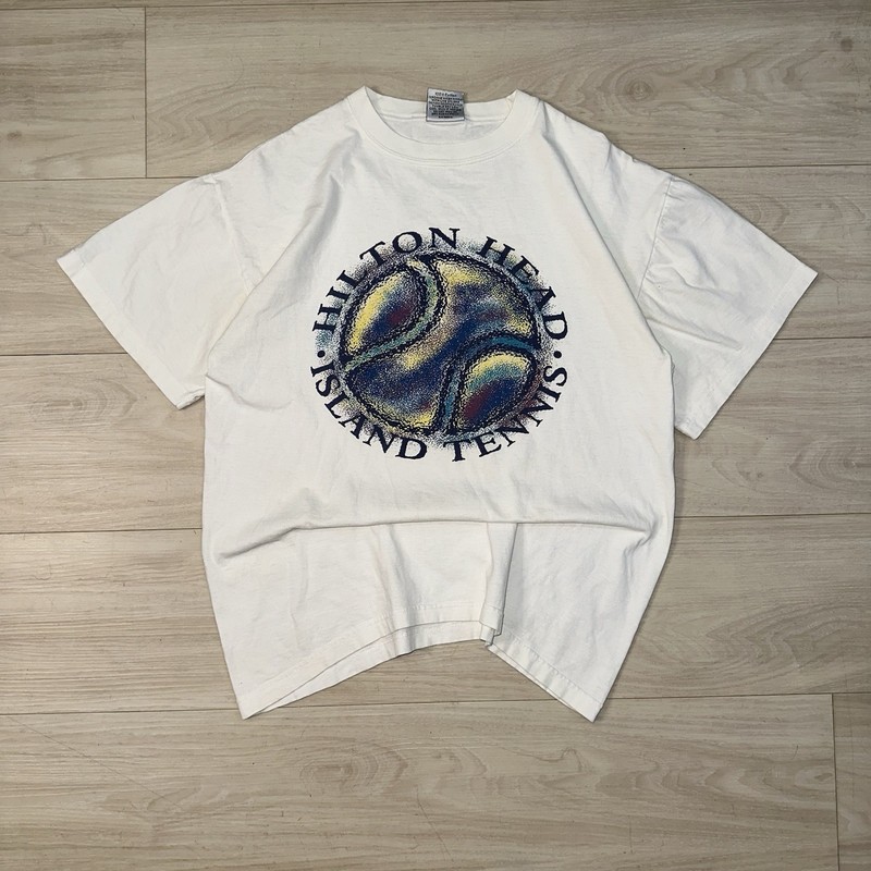 VINTAGE Hilton Head Island Tennis White Cotton Shirt Mens Medium Sports Art
