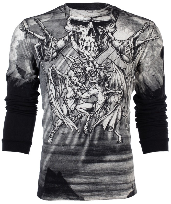 $78 AFFLICTION Black PUPPET MASTER Skull Long Sleeve Slim Fit Y2K T-shirt NWT