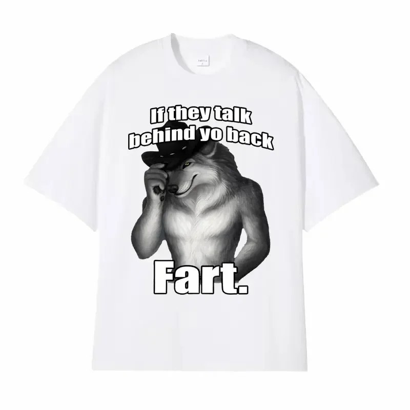 Fart Wolf Funny Meme T-Shirt Emo Harajuku Retro Oversized Black White gallery
