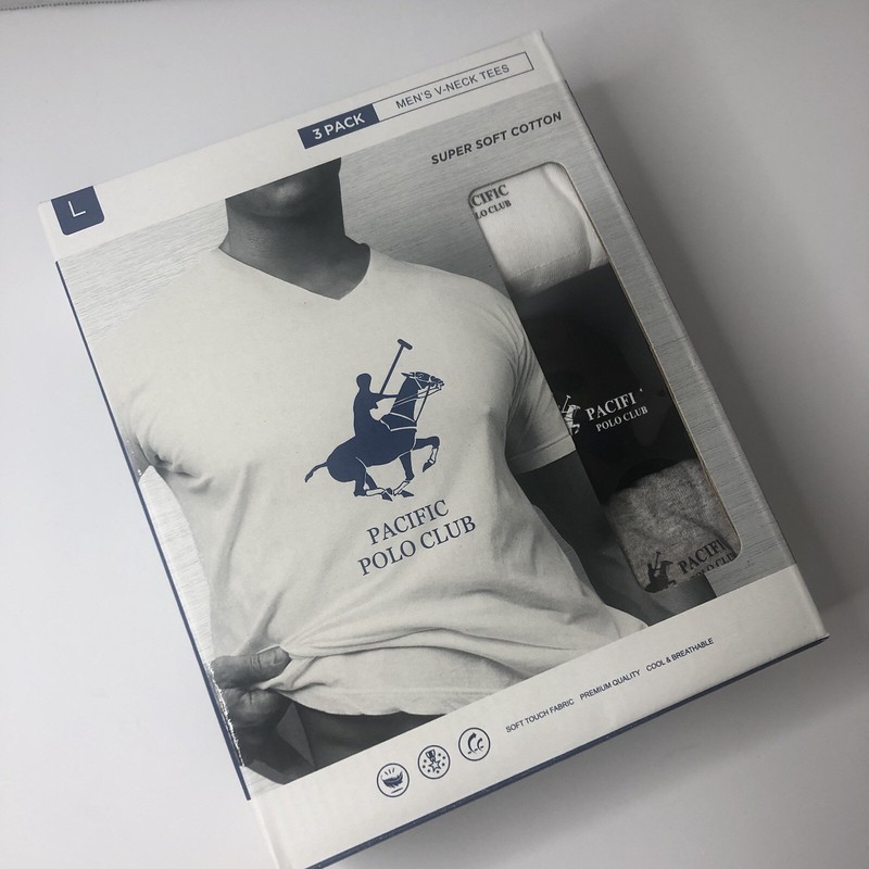 Pacific Polo Club Men’s V-Neck Tees Large Assorted Box of 3 Pack Breathable NIB
