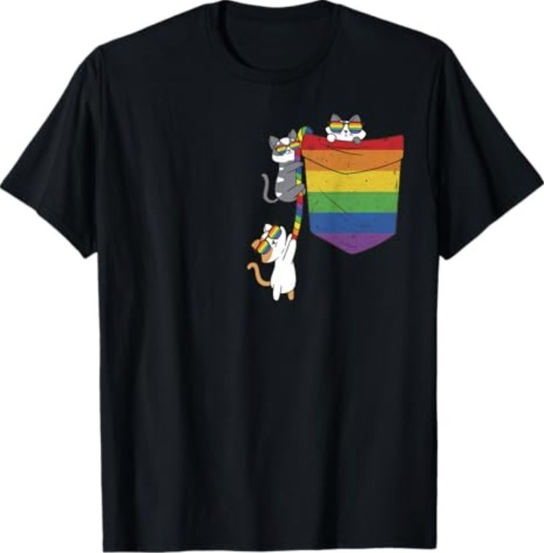 Funny Pocket Cute cat LGBT Animal Rainbow Flag Gay Pride T-Shirt
